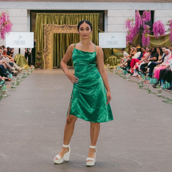 Emerald Satin Mini Dress |Adjustable Straps/Slit Detail/Holiday Party–Size S M L - Picture 3 of 13